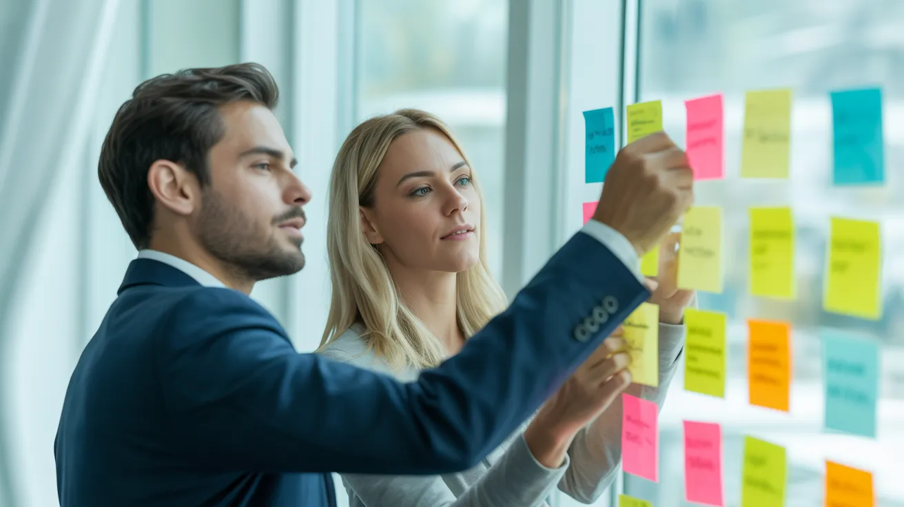 A man and a woman in business casual attire brainstorm at a glass whiteboard, arranging colorful sticky notes in a bright, modern office.