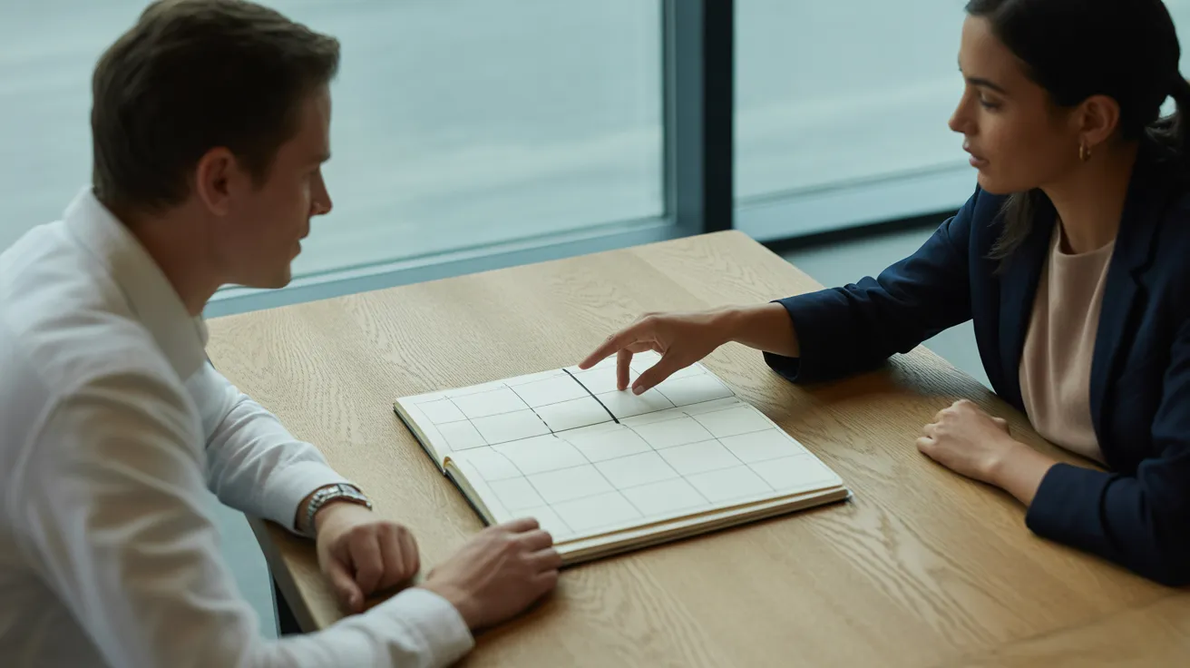 Two colleagues discuss a project, looking at a large notebook with a four-quadrant grid drawn on it, in a brightly lit office space.