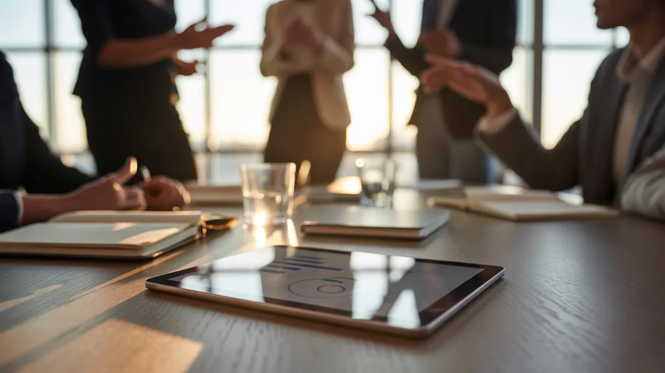A close-up of a tablet and notebook on a sunlit meeting table, with blurred people gesturing in the background.