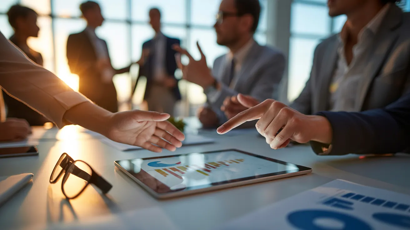 A close-up view of diverse hands collaborating over a tablet and reading glasses on a conference table during a meeting at sunset.