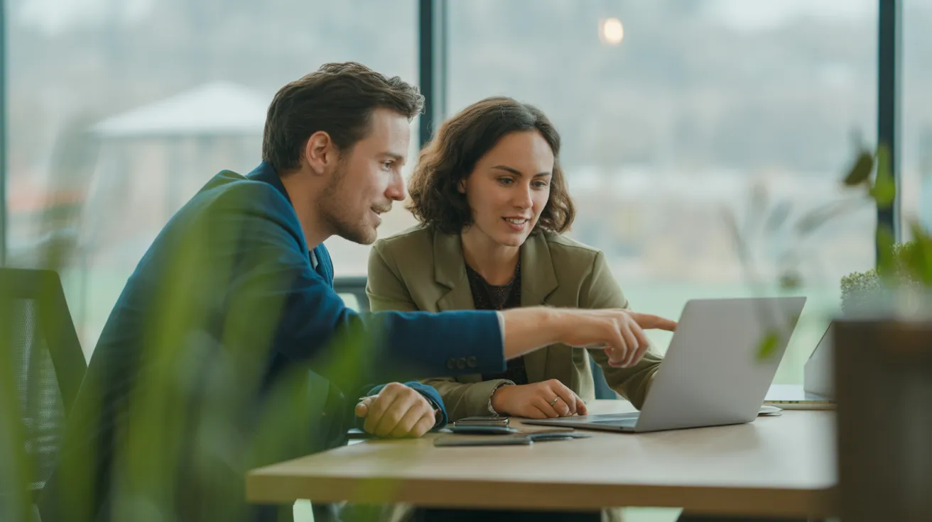 Two diverse colleagues in a modern office collaborating over a laptop on a shared desk, illuminated by soft, natural light.