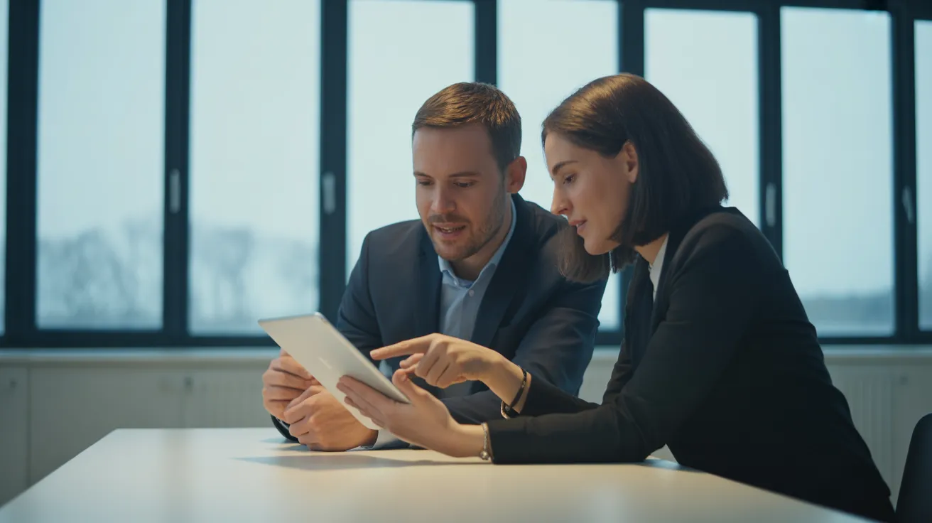 Two colleagues in a bright, modern office discuss a project, looking intently at a tablet screen.