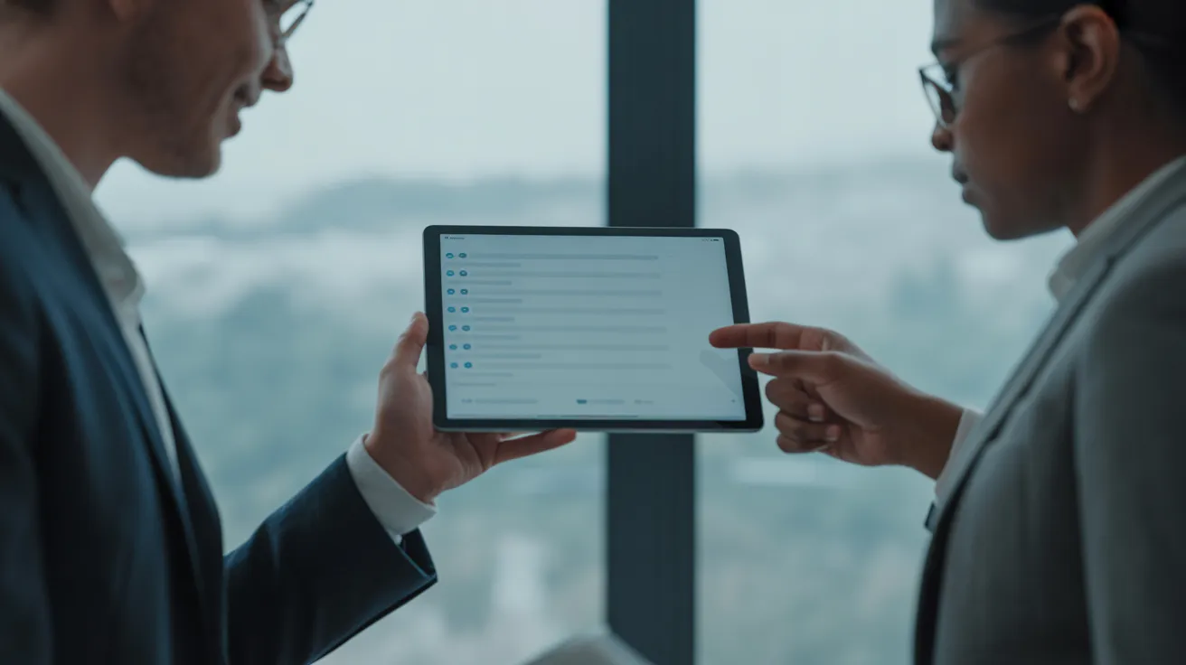 Two colleagues in a bright office look at a tablet together, discussing a simple project tracker on the screen.