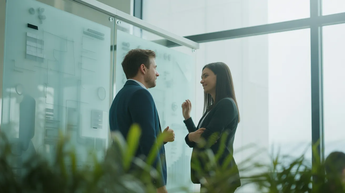 A man and woman in smart-casual attire discuss ideas in front of a glass whiteboard in a contemporary office with soft, natural light.