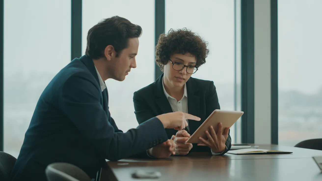 Two colleagues in a bright, modern office look at a tablet together, discussing a project with focused expressions.