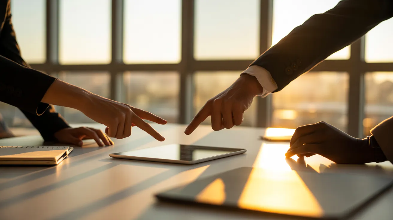 Close-up of two colleagues' hands gesturing over a blank tablet screen on a conference table during a meeting at golden hour.