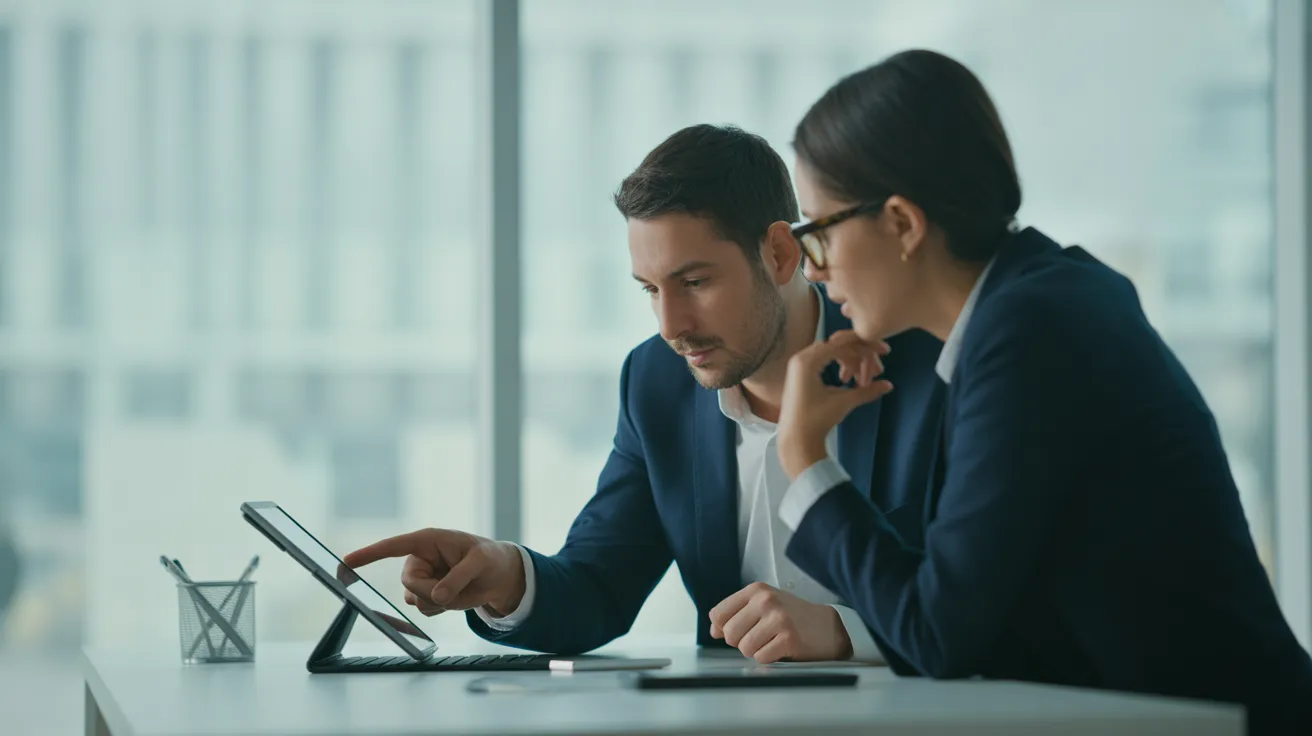 Two colleagues in a contemporary office discuss work on a tablet, illuminated by soft, natural light from a window.