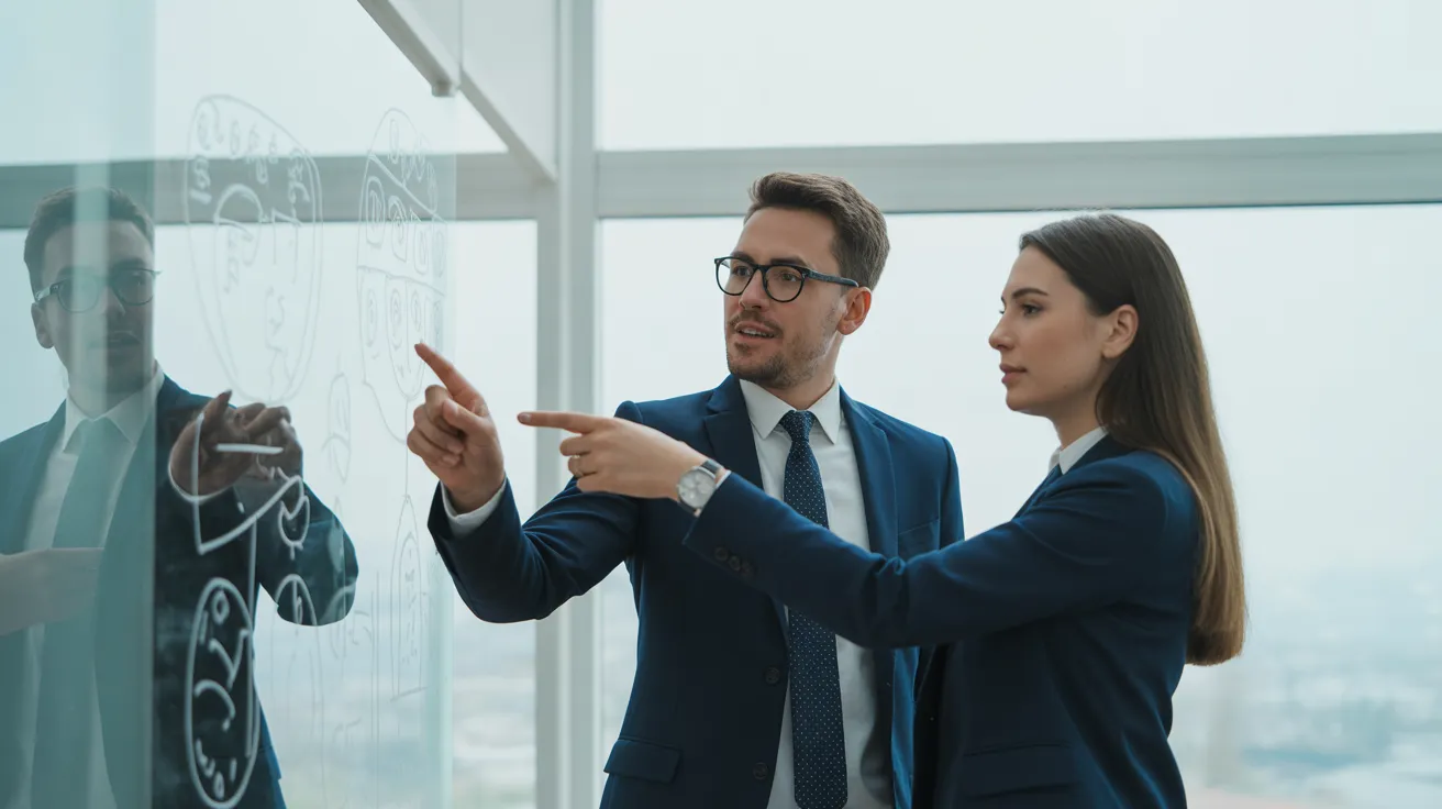 A man and woman in business casual attire collaborate at a glass whiteboard in a contemporary office with soft, natural light.
