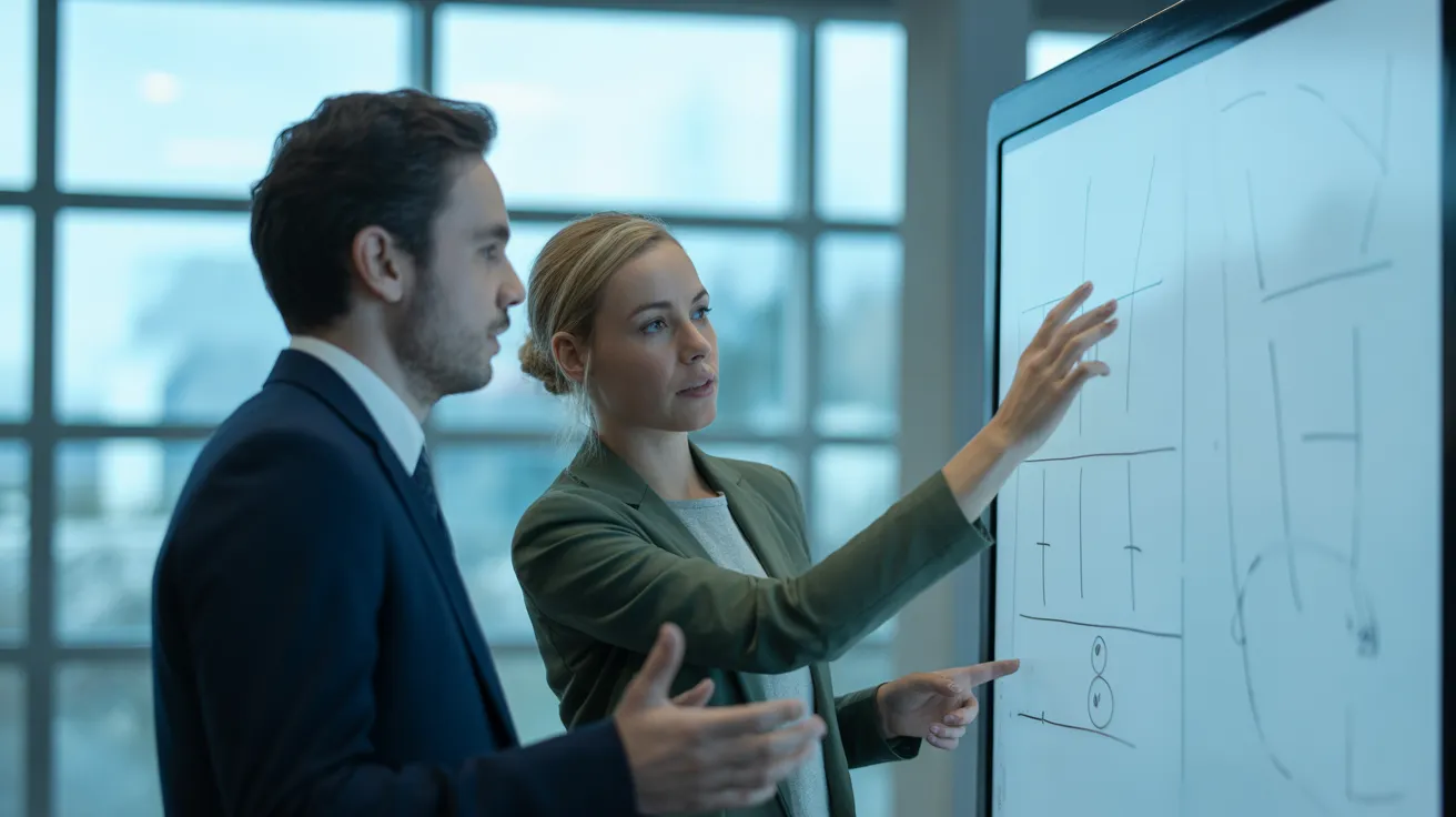 Two diverse colleagues discuss a project at a whiteboard filled with abstract sketches in a bright, contemporary workspace.