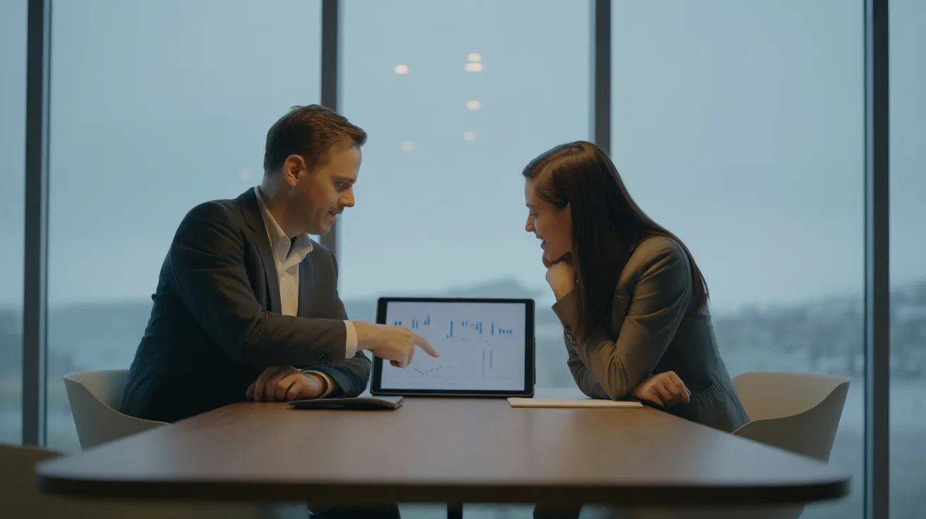 Two colleagues in a modern office looking at a tablet on a wooden table, with one person pointing at the screen.