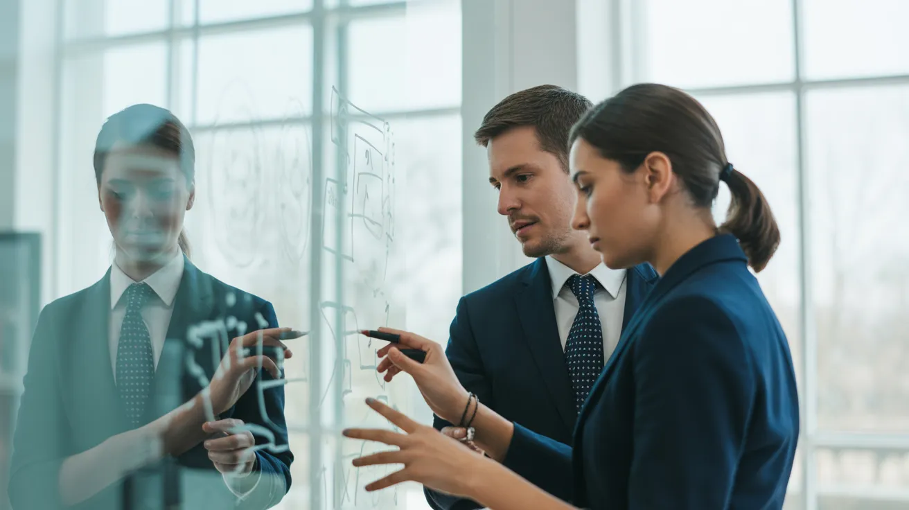 Two colleagues discuss a project in front of a glass whiteboard in a contemporary office with soft, overcast lighting.