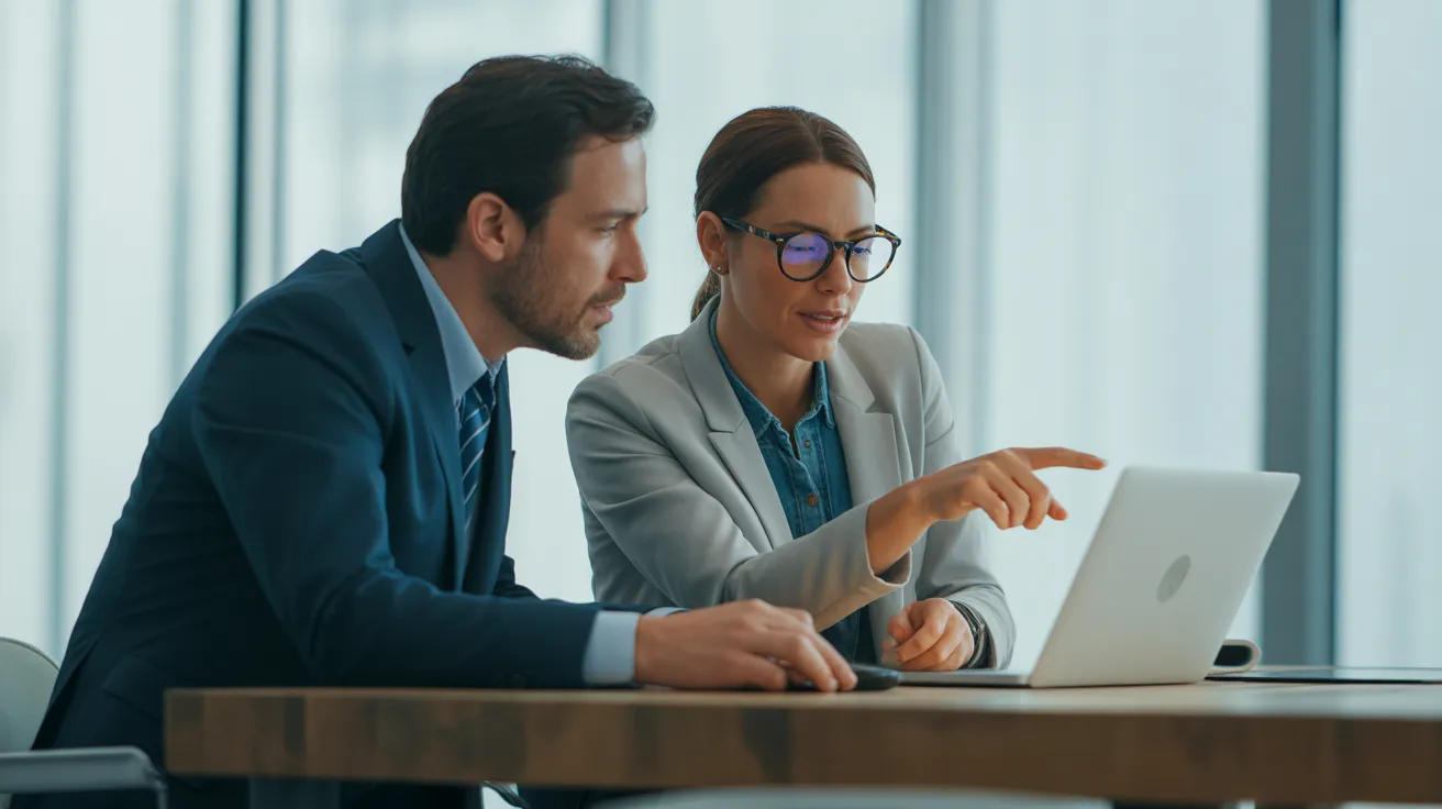 A man and a woman in business casual attire discuss a project at a desk in a modern office. The woman wears glasses and points to a screen.