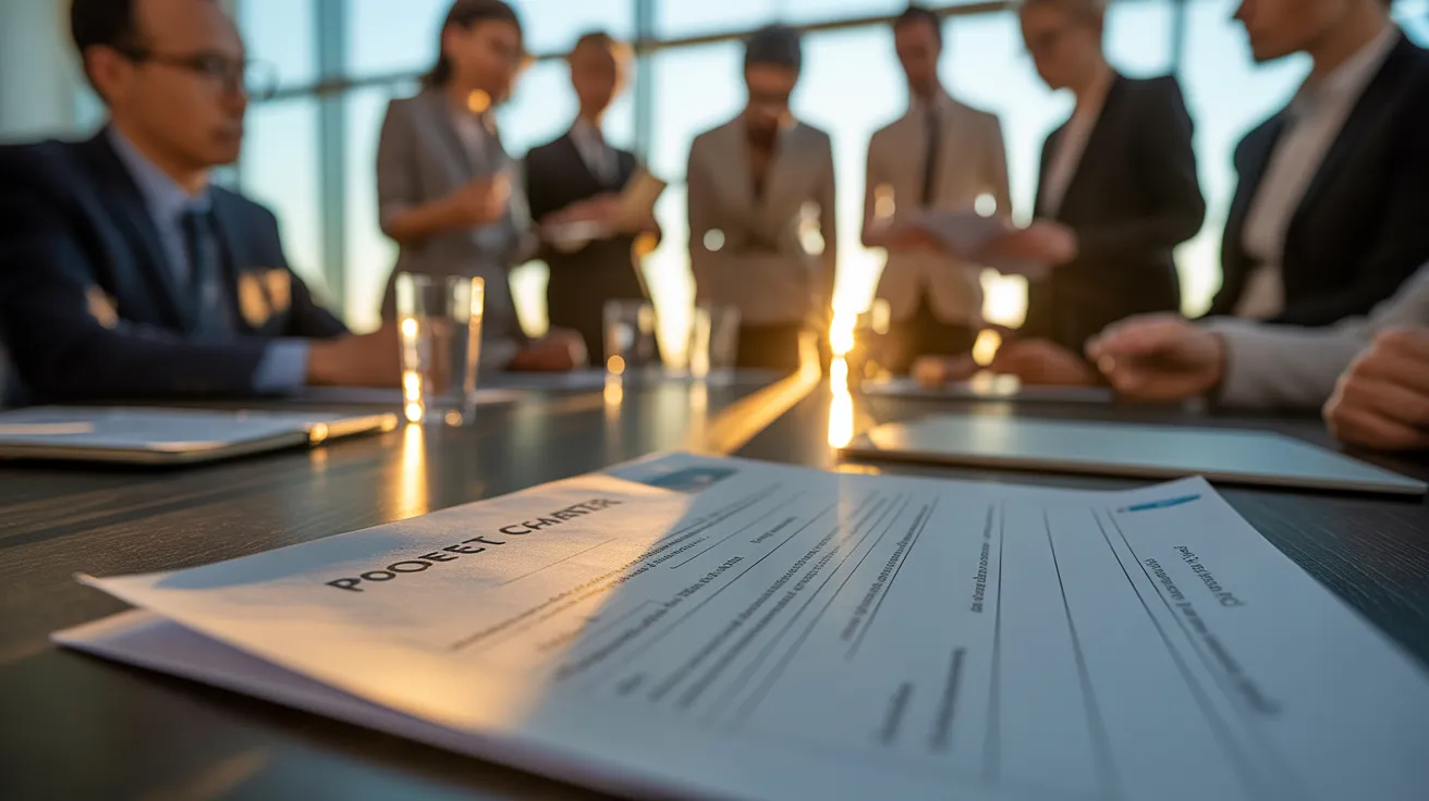 A close-up of a project document on a meeting table, with a diverse team collaborating in the background during golden hour.