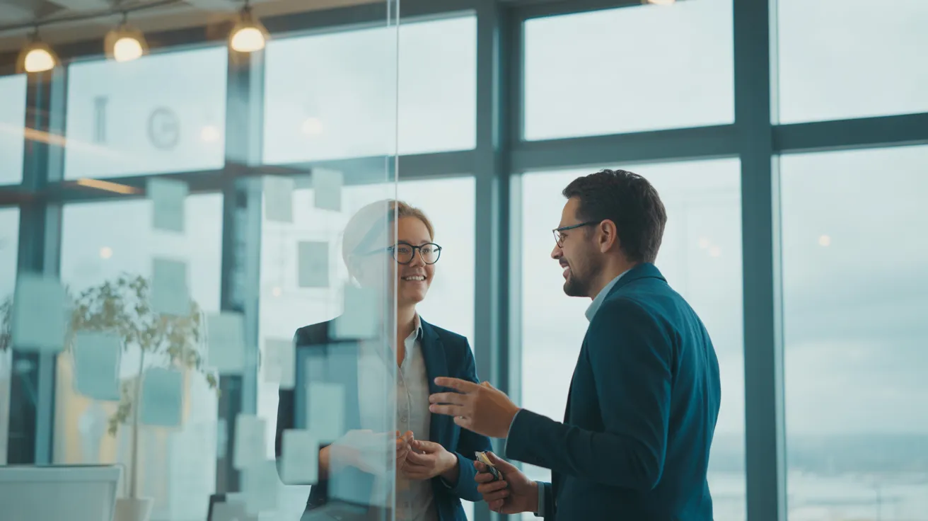 Two colleagues discuss a project at a whiteboard in a contemporary, sunlit office during the day.
