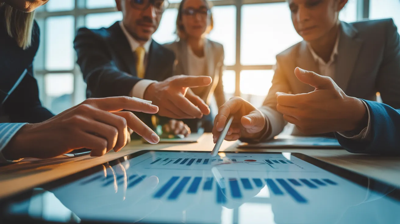 A close-up on the hands of a diverse team collaborating over a tablet in a meeting room during golden hour.