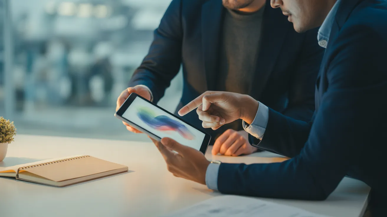 Two colleagues in a bright office discussing a project on a tablet. Their desk is clean and organized, showing good workspace habits.