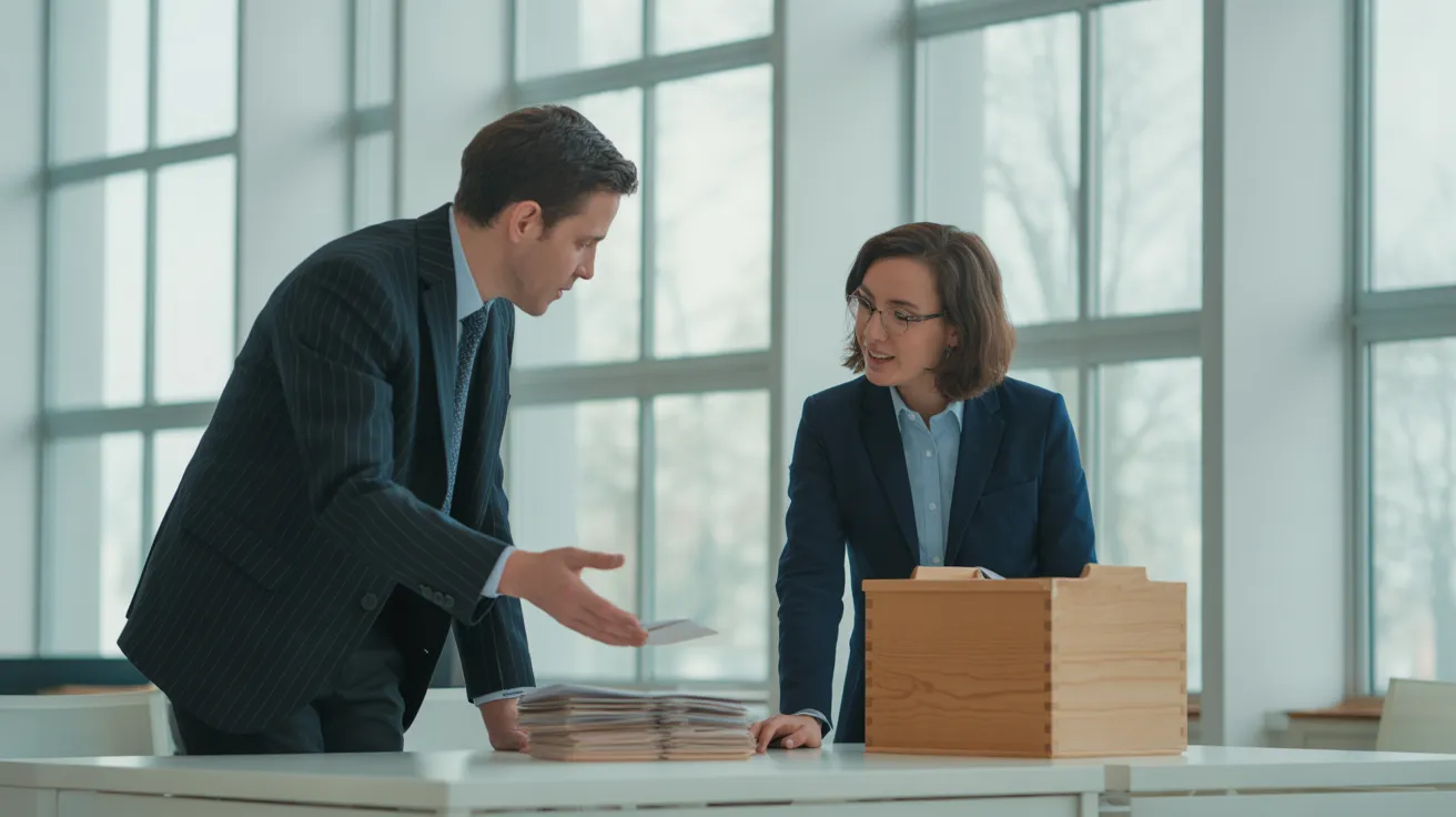 Two colleagues in an office discuss a note-taking system using physical index cards and a small wooden box on a large table.