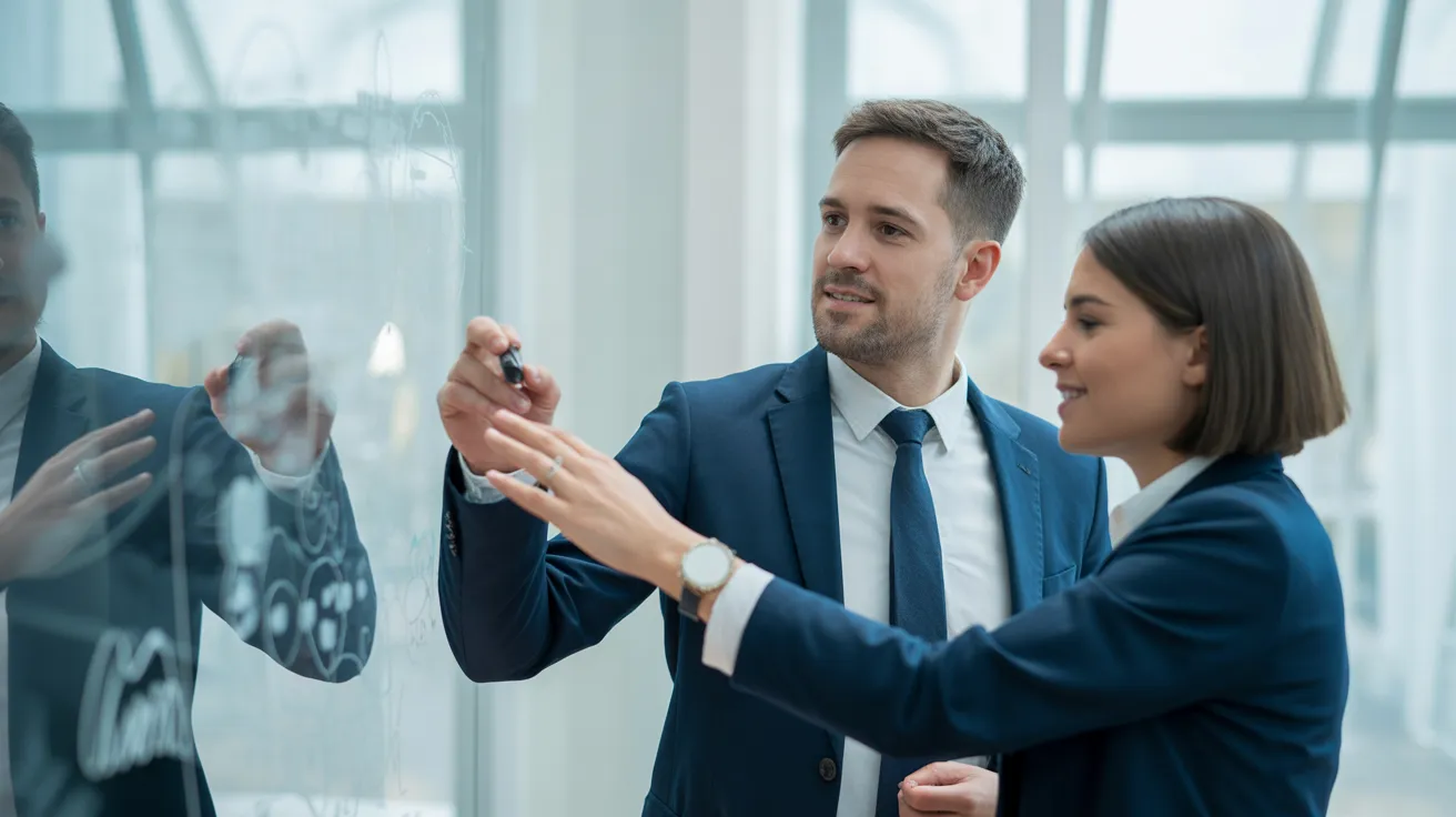 Two diverse colleagues in a modern office collaborating in front of a large whiteboard with abstract notes, preparing for a brainstorming session.
