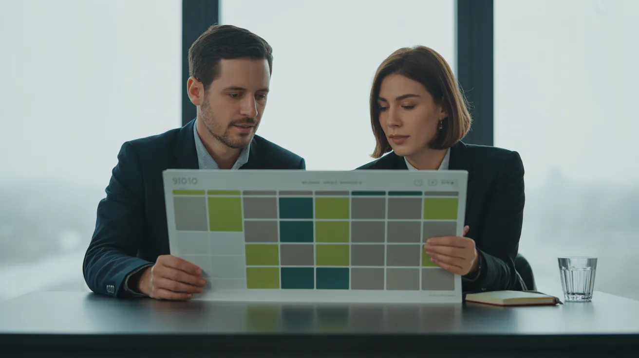 Two colleagues in a bright office discuss a project over an open paper planner with color-coded blocks.