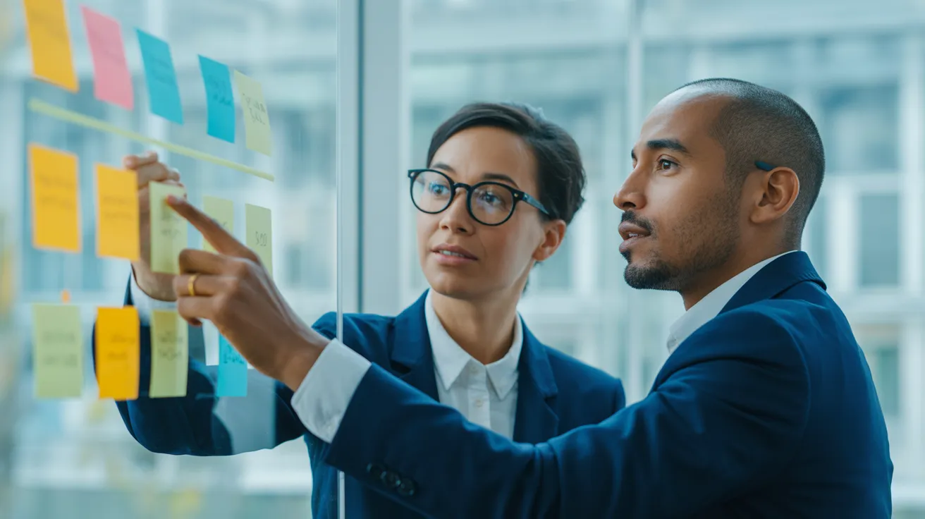 Two colleagues in a modern office brainstorm at a glass whiteboard, using colorful, abstract shapes that resemble a time-blocked schedule.