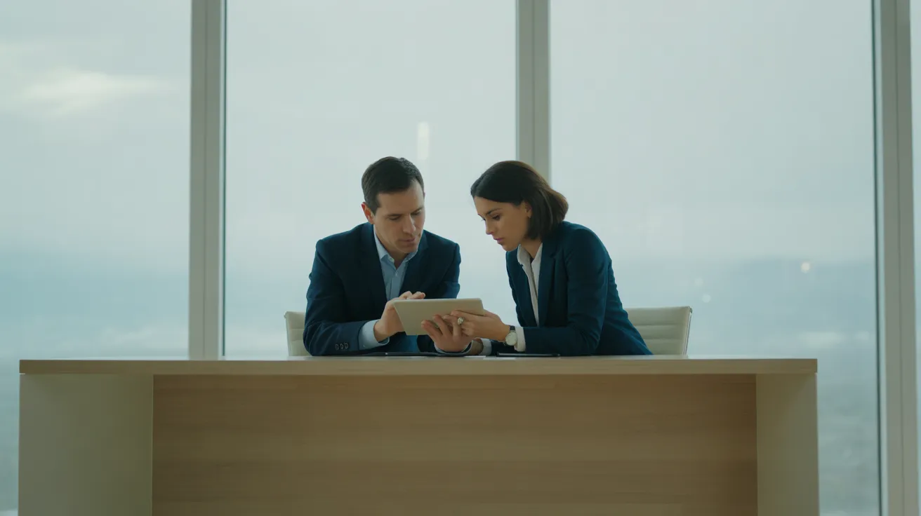 Two colleagues in a modern office looking intently at a tablet screen together, sitting at a clean desk by a window.