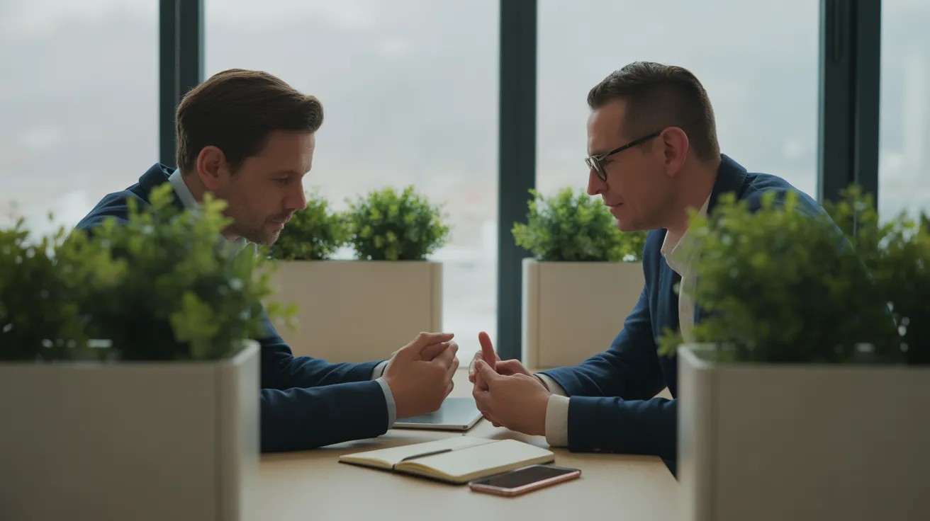 Two diverse colleagues collaborate in a bright, modern office with soft window light. A phone is face down on the desk, suggesting a focused work sess