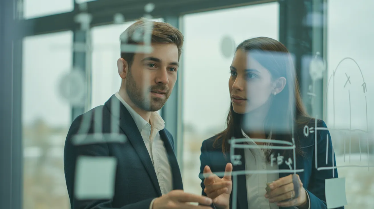 Two colleagues brainstorm at a glass whiteboard in a bright, modern office with soft, natural light.