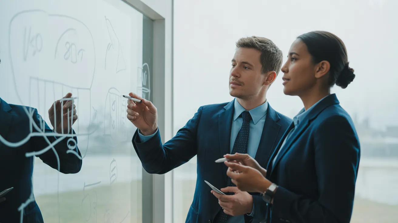 A man and a woman collaborating in front of a whiteboard in a bright, modern office with soft, natural light.