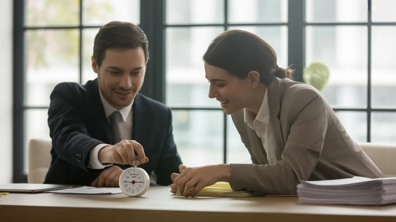 Two colleagues in a modern office tidy a shared desk together, one setting a small white timer.