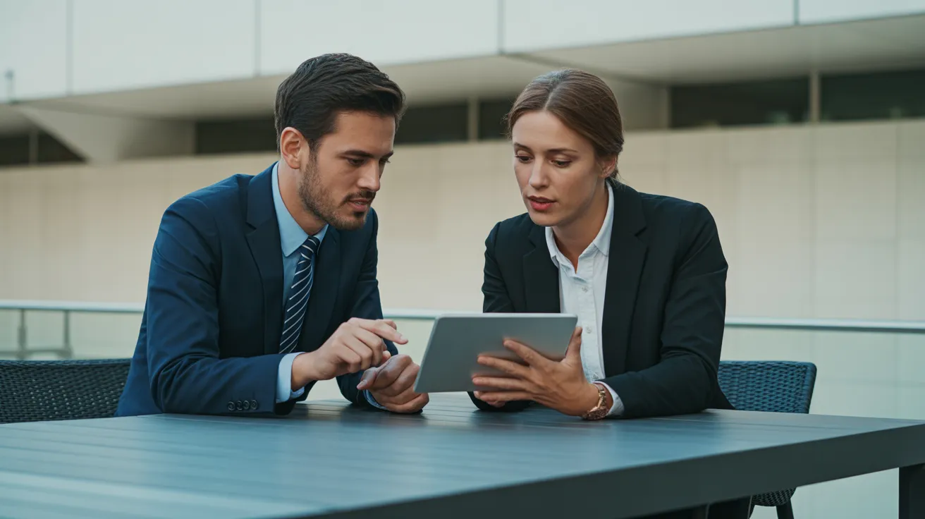 Two colleagues in business casual attire discuss work on an office patio, looking intently at a tablet screen which is angled away from the camera.