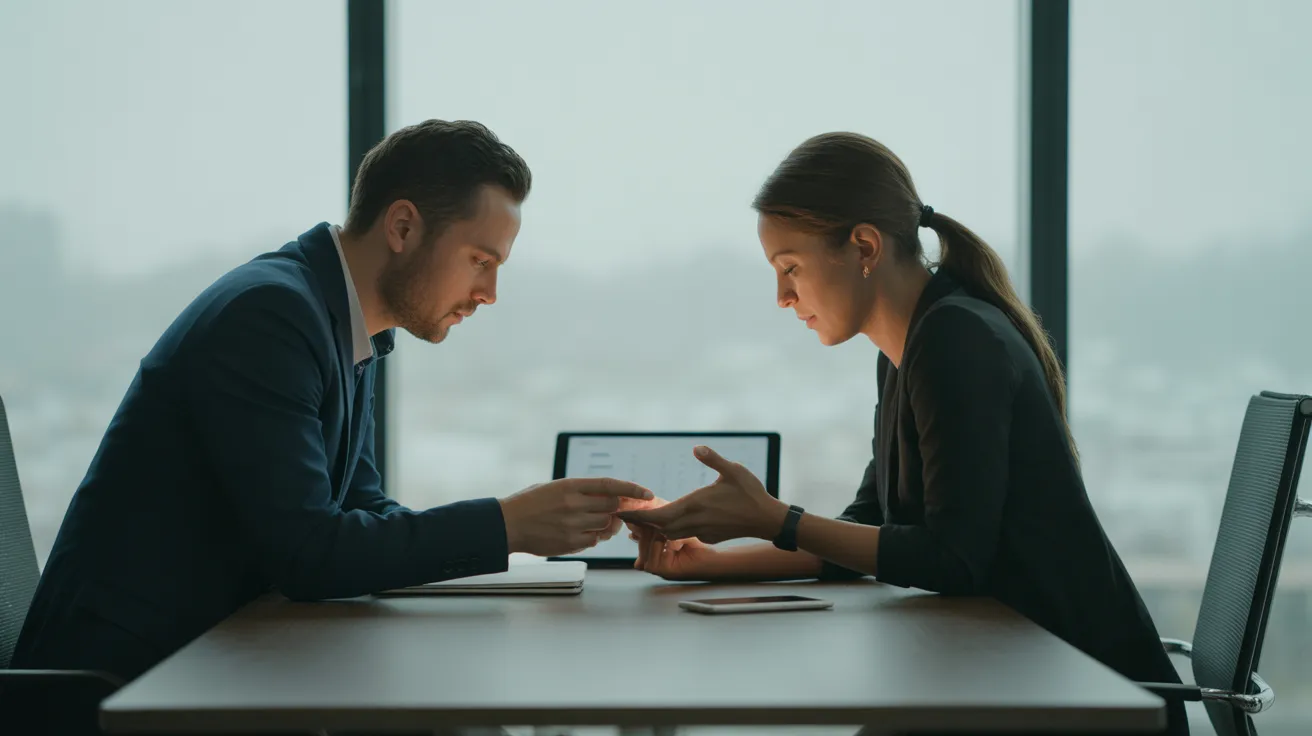 Two colleagues discuss a project at a clean desk in a brightly lit office, with their phones set aside and face down.