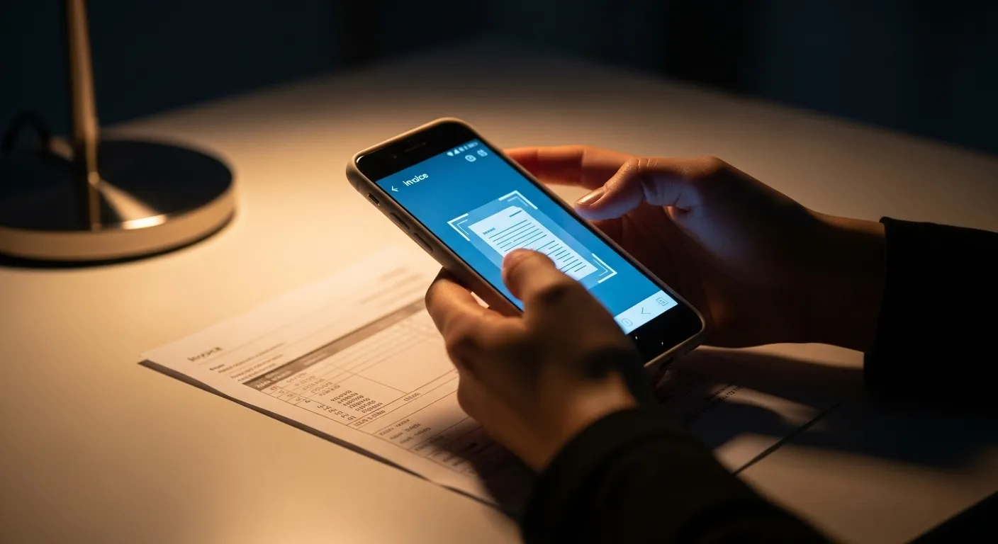 A person scans a paper document with their smartphone in a warmly lit, tidy home office at night, digitizing their workflow.