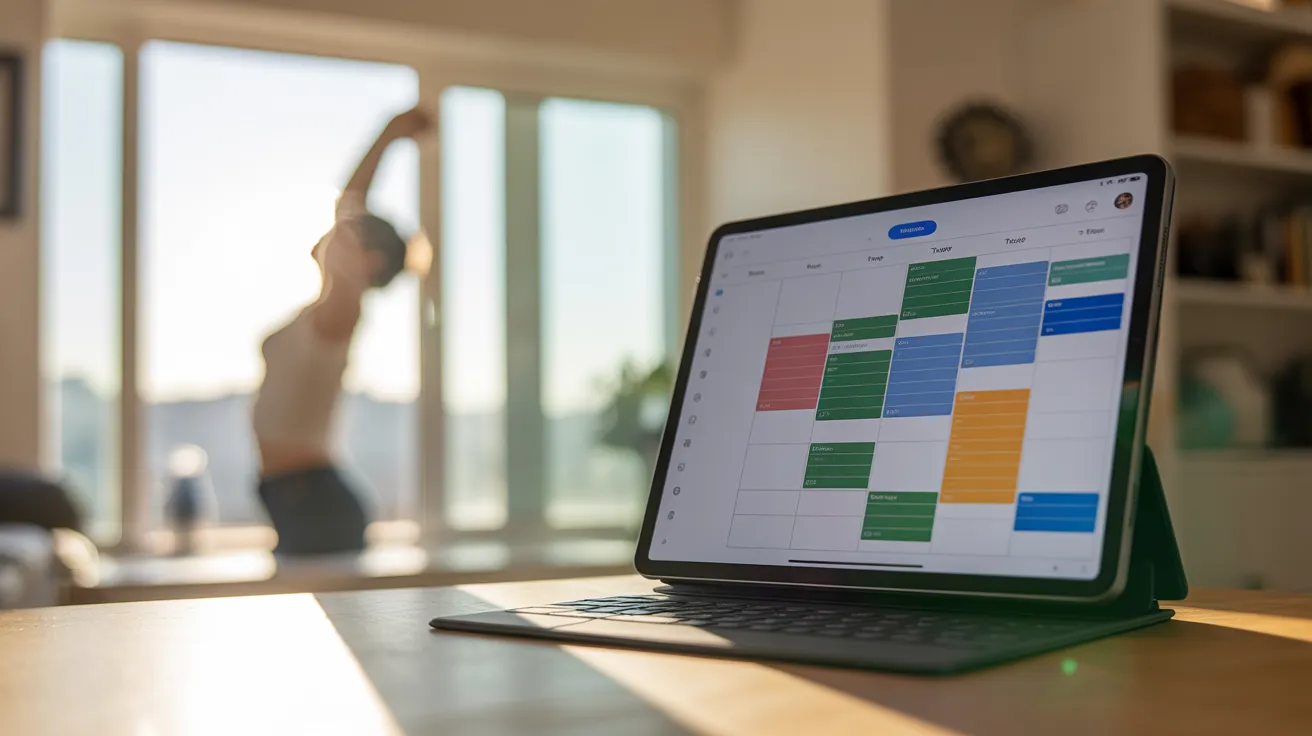 A spacious home office with a person stretching by a sunny window. A tablet in the foreground displays a blurred, abstract calendar interface.
