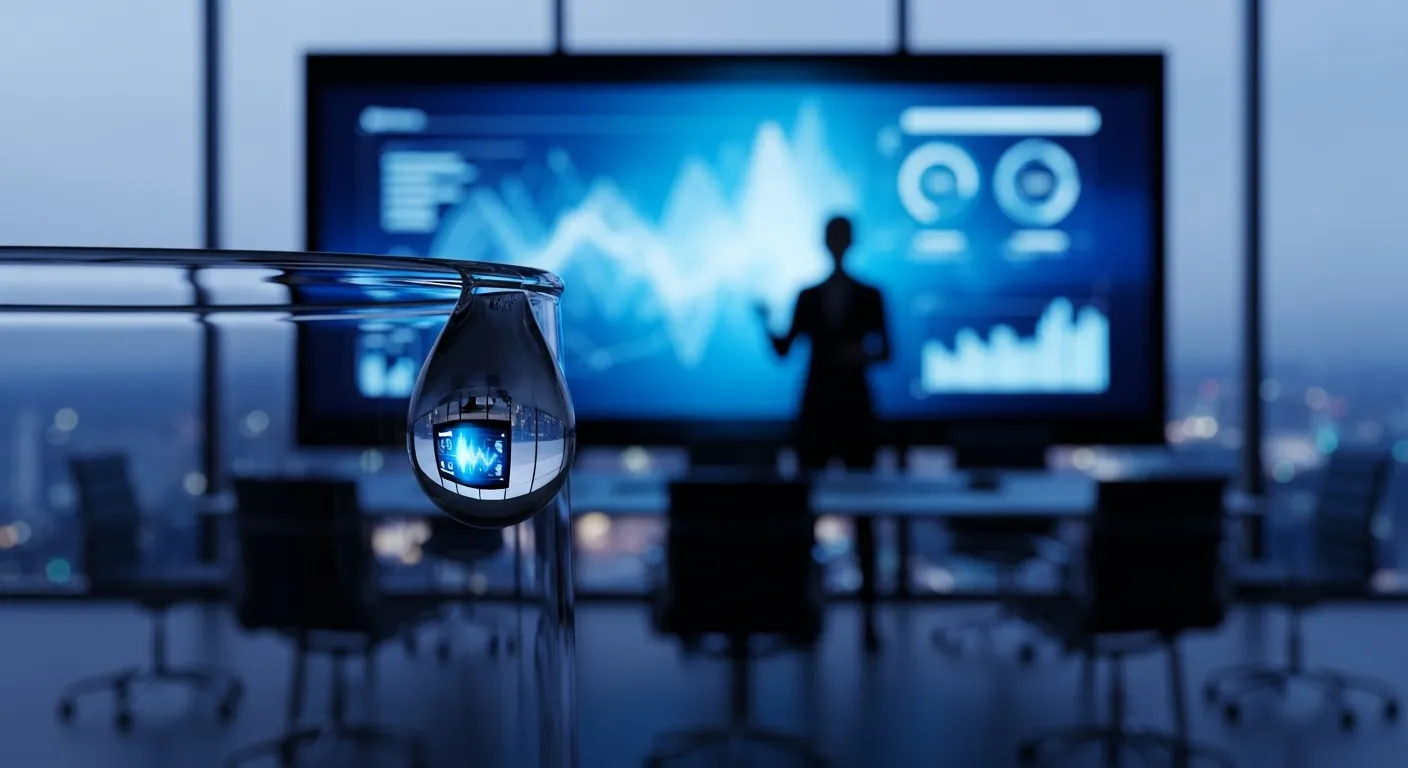 A macro photo of a water droplet on a glass, with the blurred background of a person presenting in a modern office at twilight.