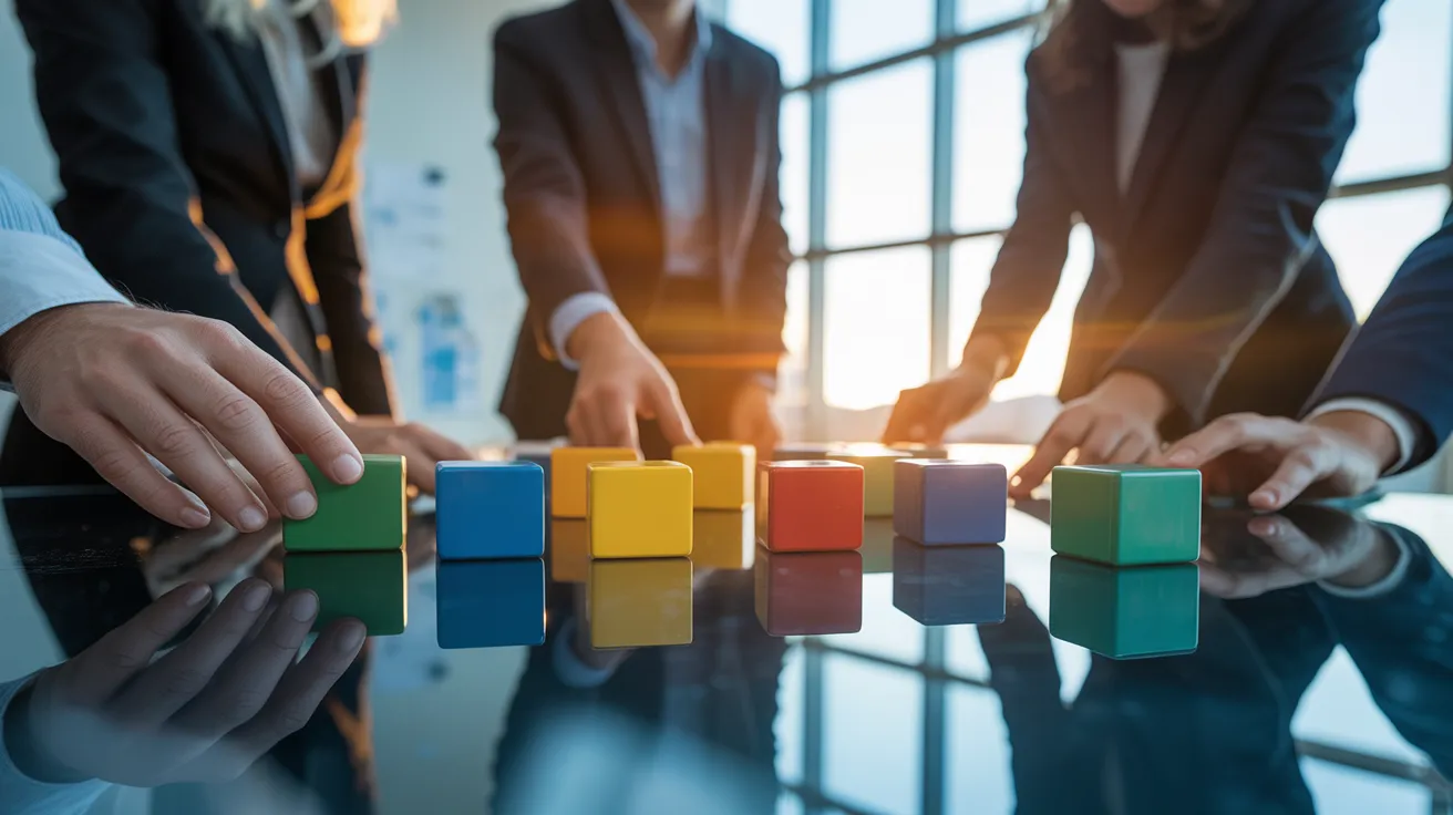 A close-up of several hands moving colorful, blank blocks on a glass board in a meeting, with warm sunset light creating a dynamic effect.