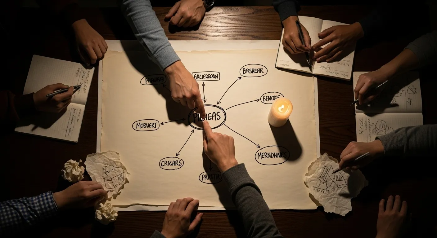 An overhead view of a dimly lit table where several people's hands are gathered around a central piece of paper during a meeting.