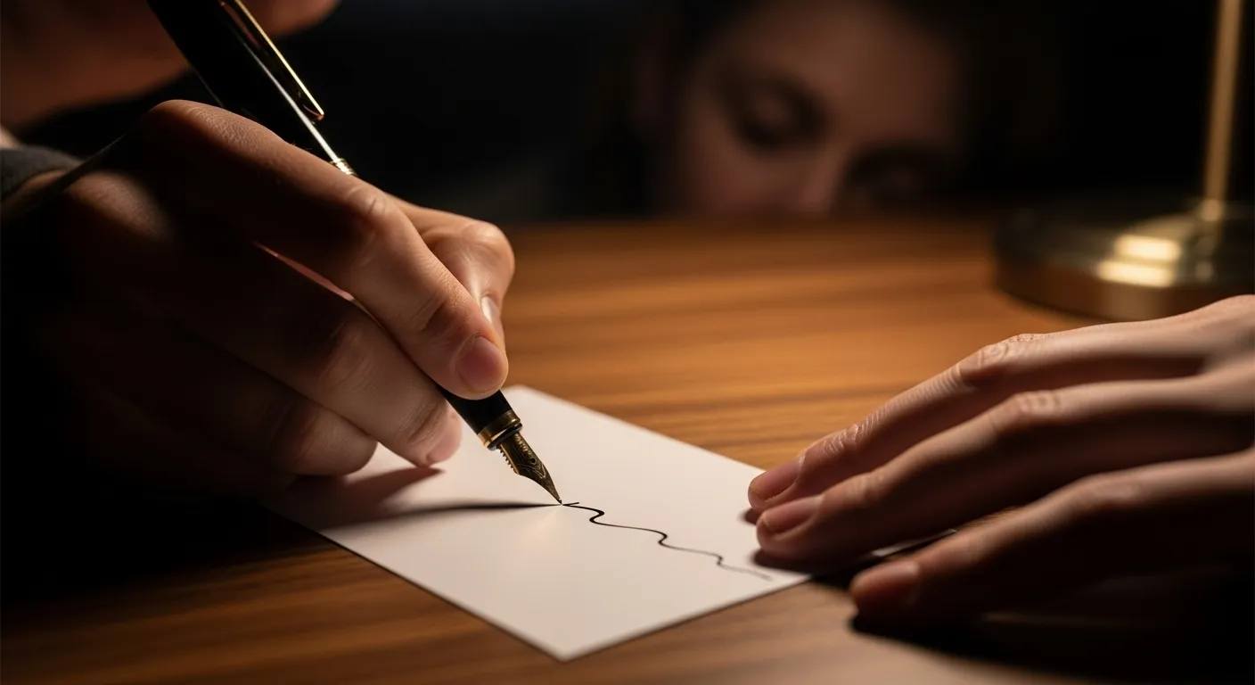 A close-up of hands writing on an index card with a fountain pen under the warm glow of a desk lamp at night.