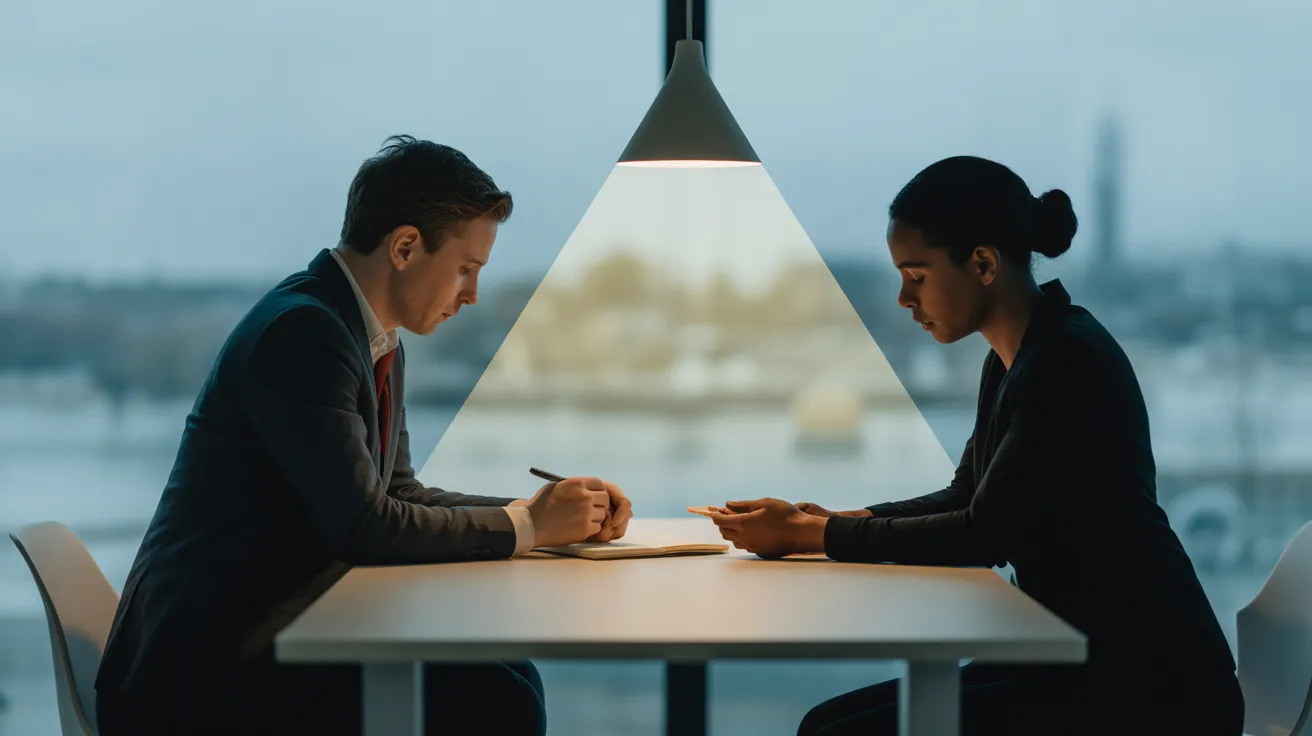 Two professionals collaborate at a table, with a focused beam of light highlighting their work area in an otherwise softly lit office.