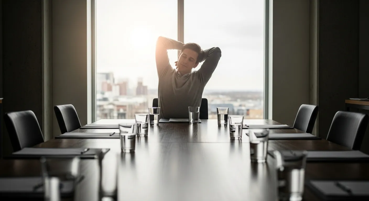 A person pauses during a long conference, which is set for a full day of meetings with repeating place settings.