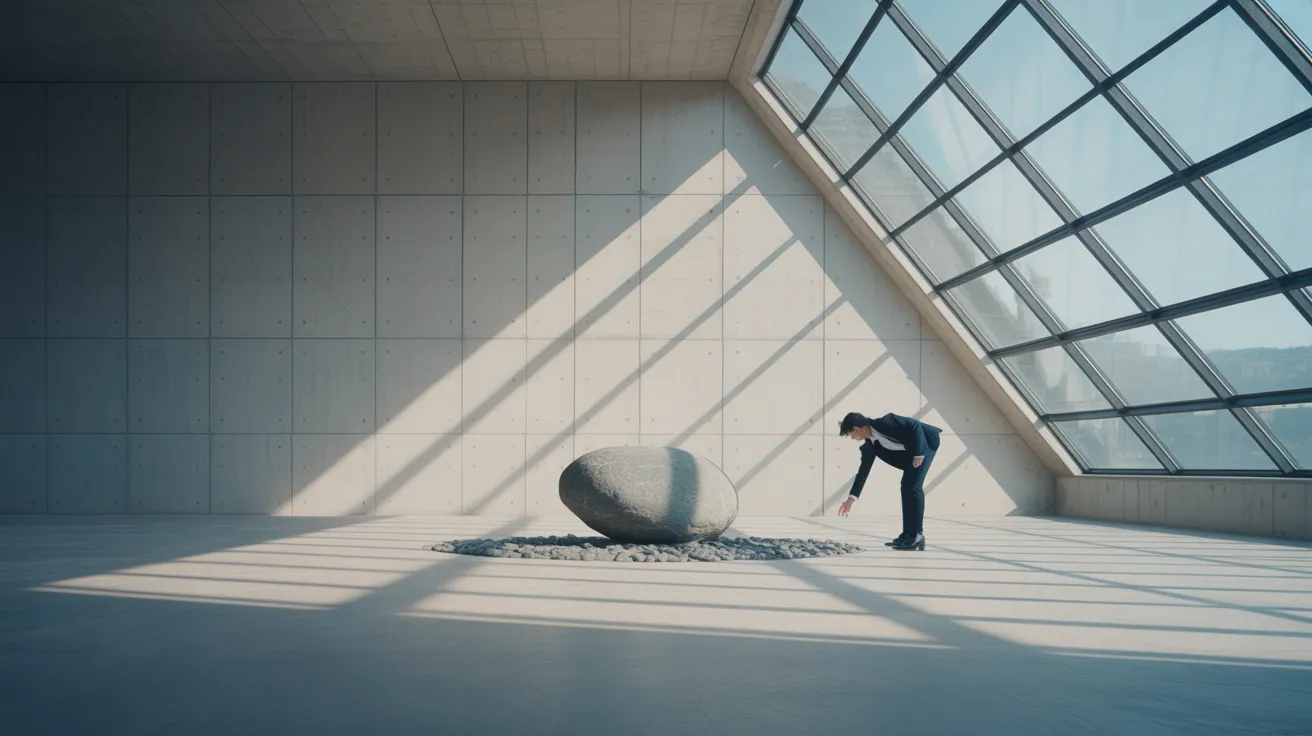 An individual in a vast, sunlit room carefully places a large stone on the floor, symbolizing the first step in building a new system.