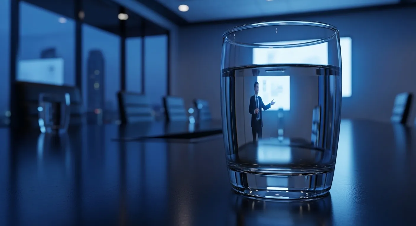 A close-up of a glass of water, with the distorted reflection of a person giving a presentation in a modern office at dusk.