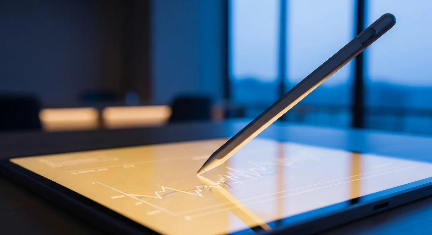 A tight close-up of a stylus touching a tablet screen displaying a blurry graph in a dim office at dusk.