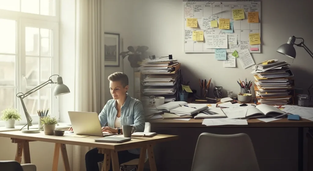 A person works at a clean desk in a sunlit office, with a cluttered, messy desk visible in the out-of-focus background.