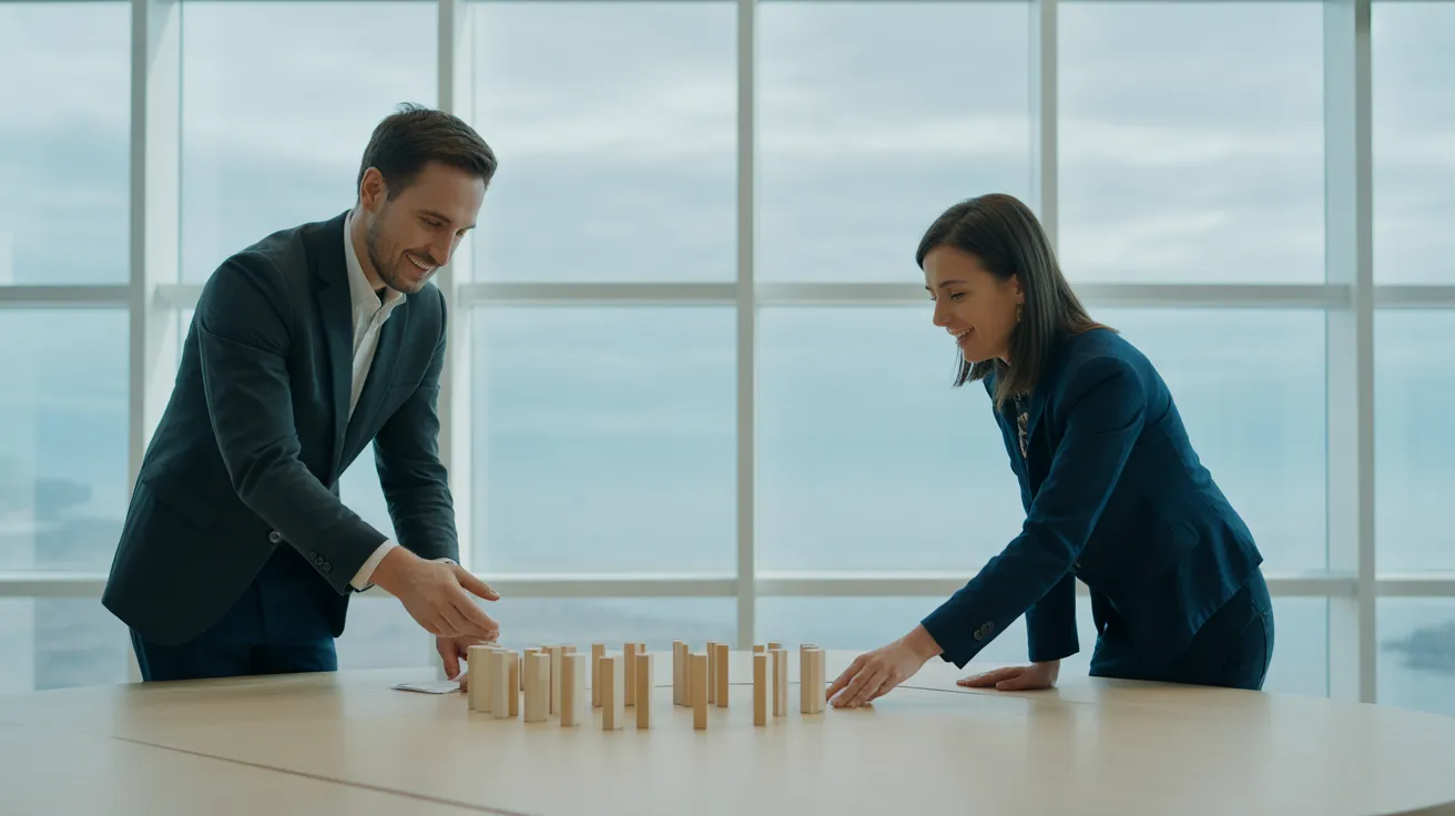 Two colleagues in a modern office actively discuss a project, arranging colorful wooden blocks on a large table to represent a strategic plan.