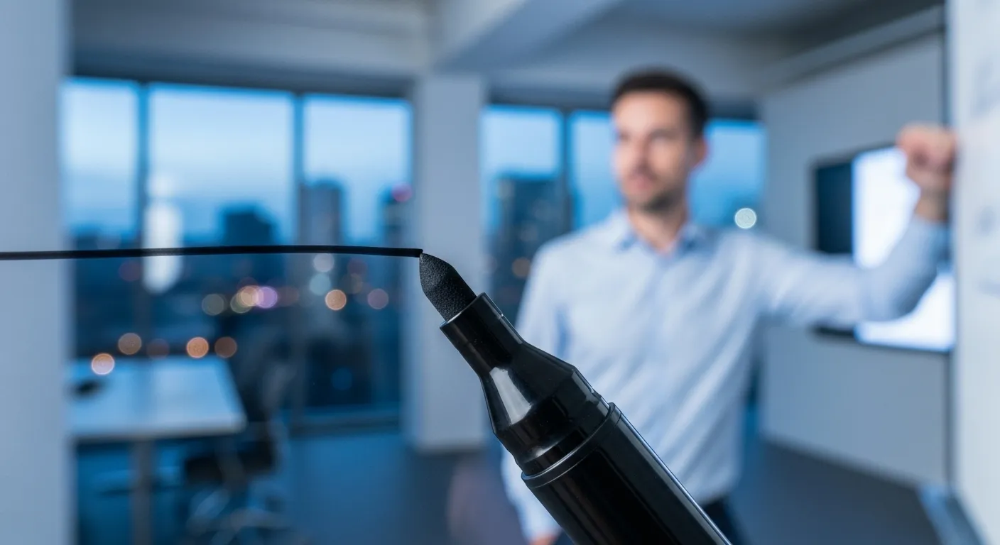Extreme close-up of a marker on a whiteboard, with the silhouette of a person presenting in a dimly lit office in the background.