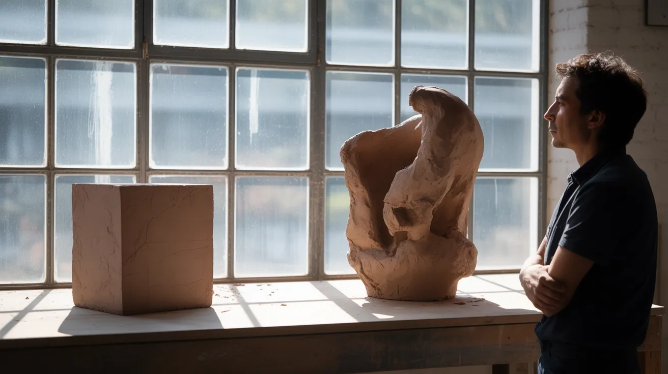 An ultra-wide view of an artist's studio in harsh sunlight. A person looks at a work-in-progress sculpture, contrasting with an untouched block of cla