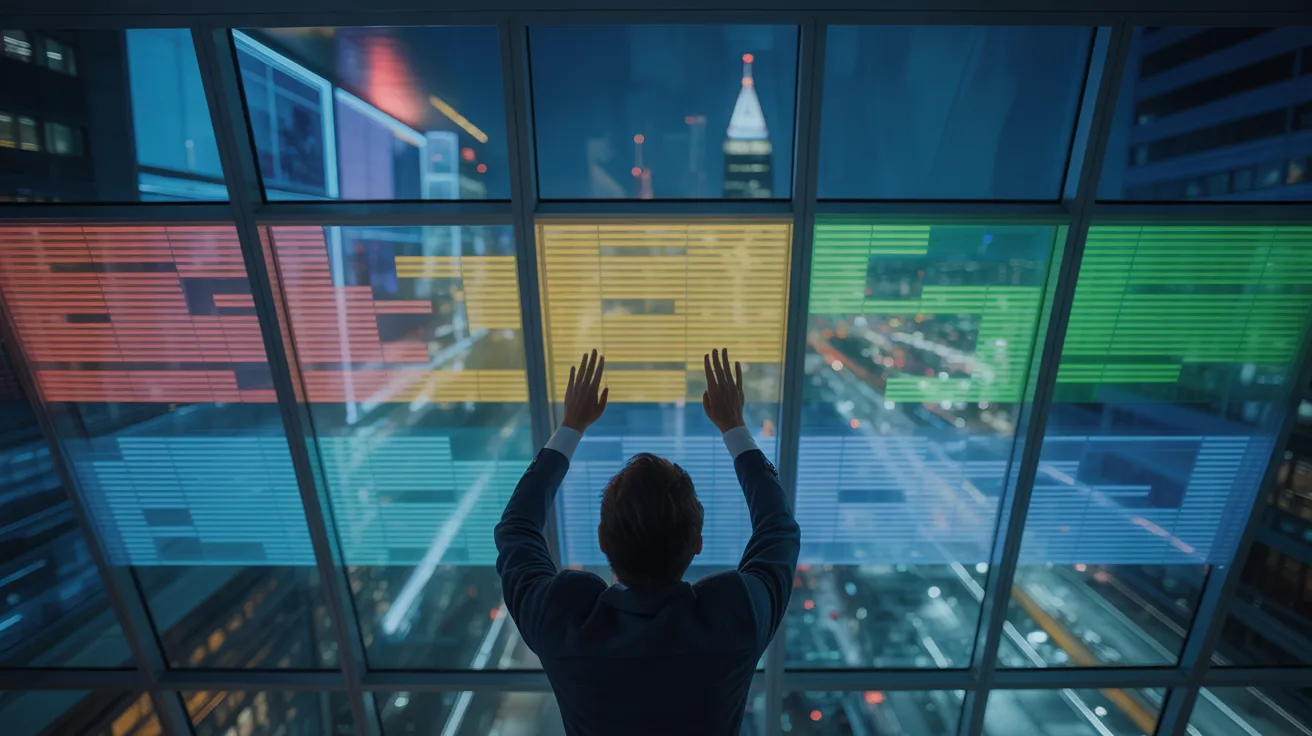 A low-angle view of a person at a desk sorting abstract data on a large transparent screen, with a neon city at night visible through the window.