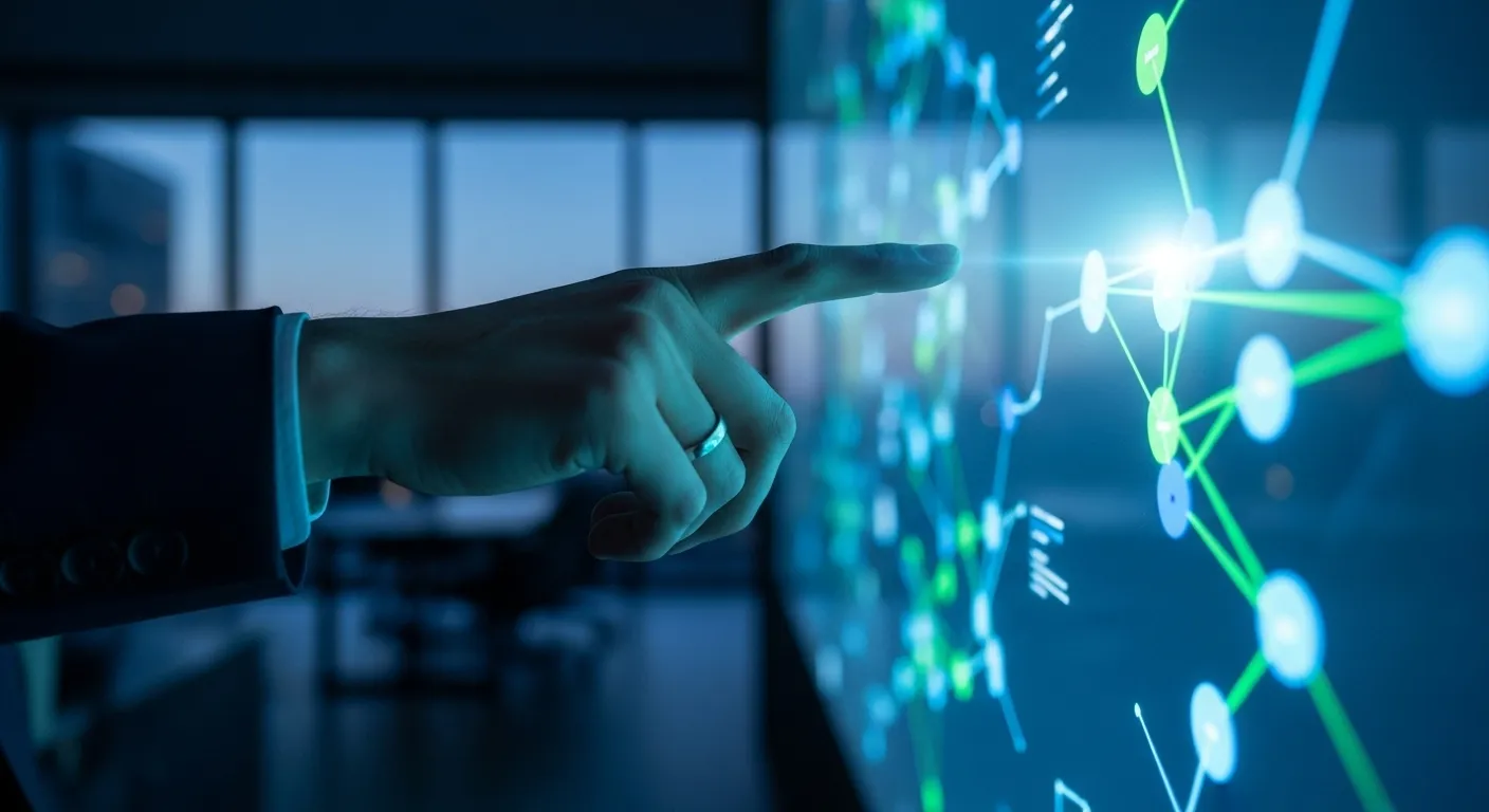 Extreme close-up of a hand pointing towards a glowing, abstract chart on a monitor in a dark office at twilight.