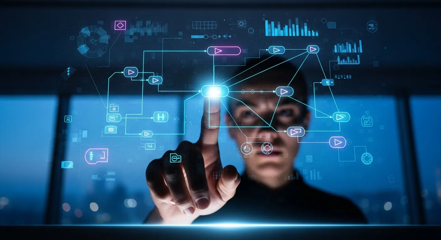 Close-up of a person's hand pointing at a glowing digital interface in a dimly lit room, illustrating a moment of decision.