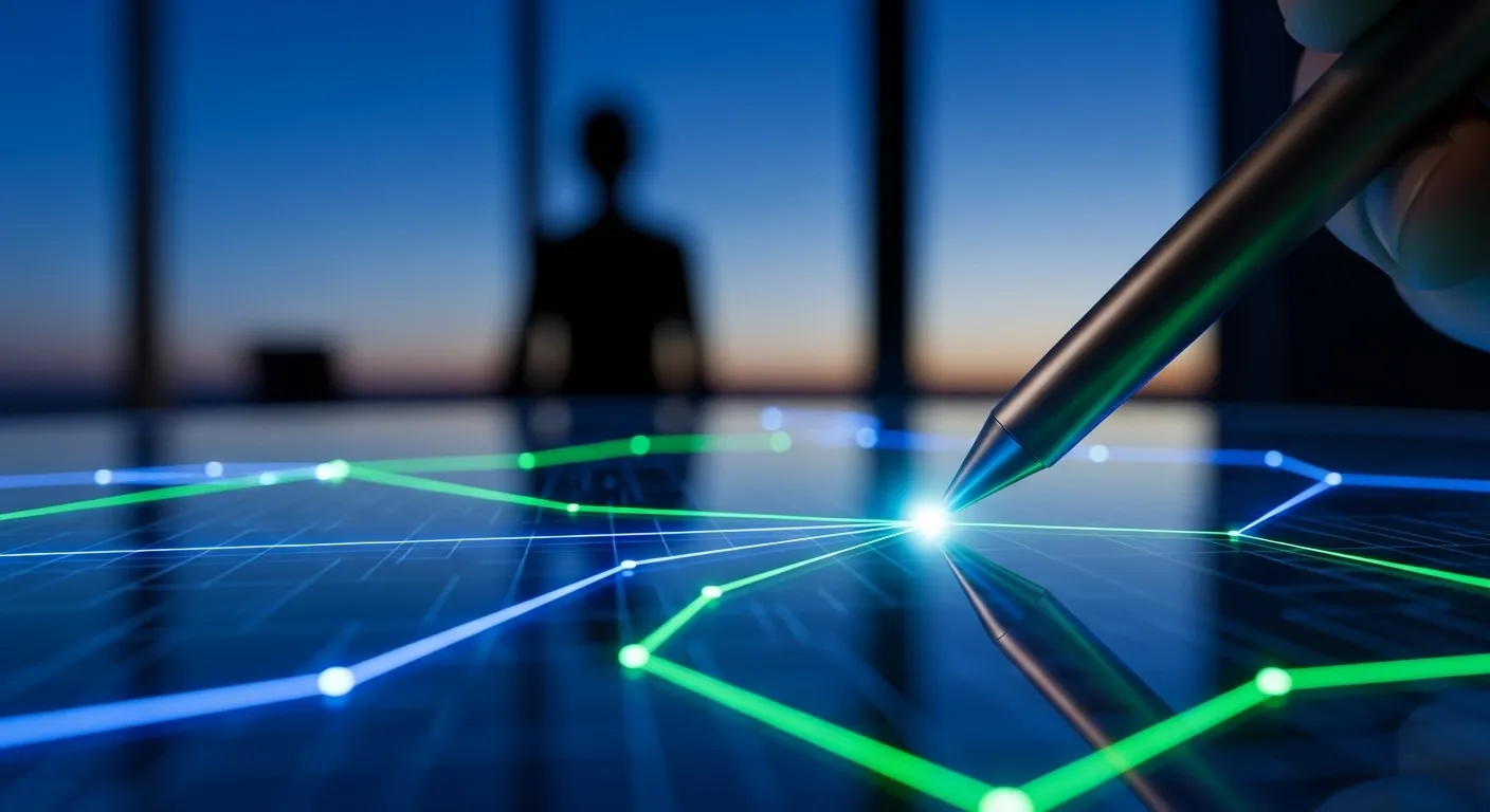 An extreme close-up of a stylus changing the direction of a line on a screen, with a presenter silhouetted against a window at dusk.